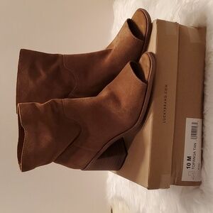 Lucky Brand Ryemi Suede Slouchy Peep Toe Bootie In Tan Block Heel Size 10